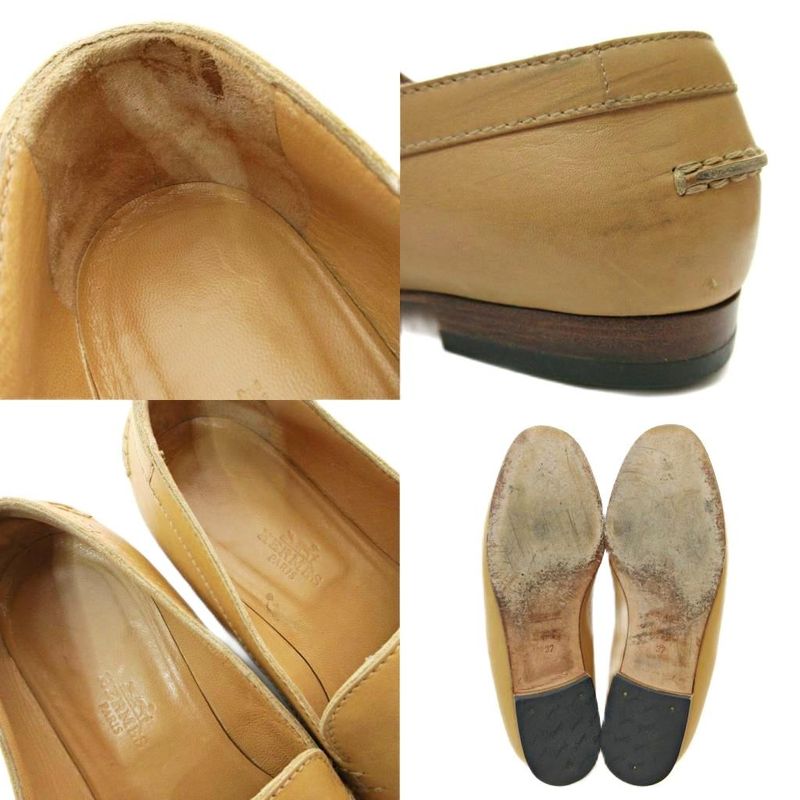 Hermes H Logo Stitch All Leather Loafers 37 23.5cm (9.25in) Beige 1205 • Mnk3