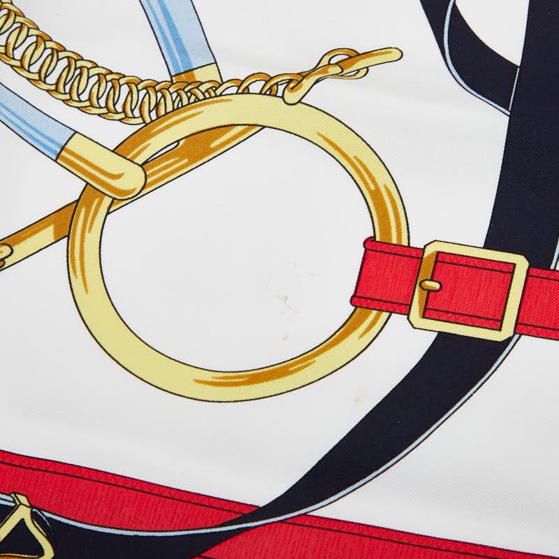 Hermes Carre 90 Eperon D'or Golden Spurs White Navy Multicolor Silk Ladies