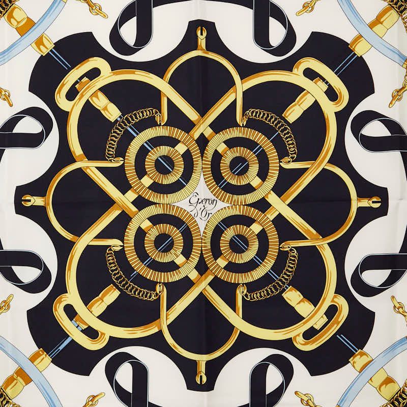 Hermes Carre 90 Eperon D'or Golden Spurs White Navy Multicolor Silk Ladies