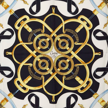 Hermes Carre 90 Eperon D'or Golden Spurs White Navy Multicolor Silk Ladies