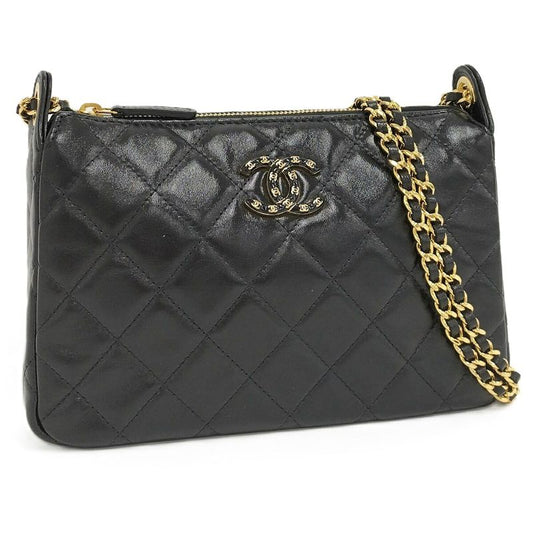 Chanel Chain Shoulder Bag Coco Mark Lambskin Leather Black