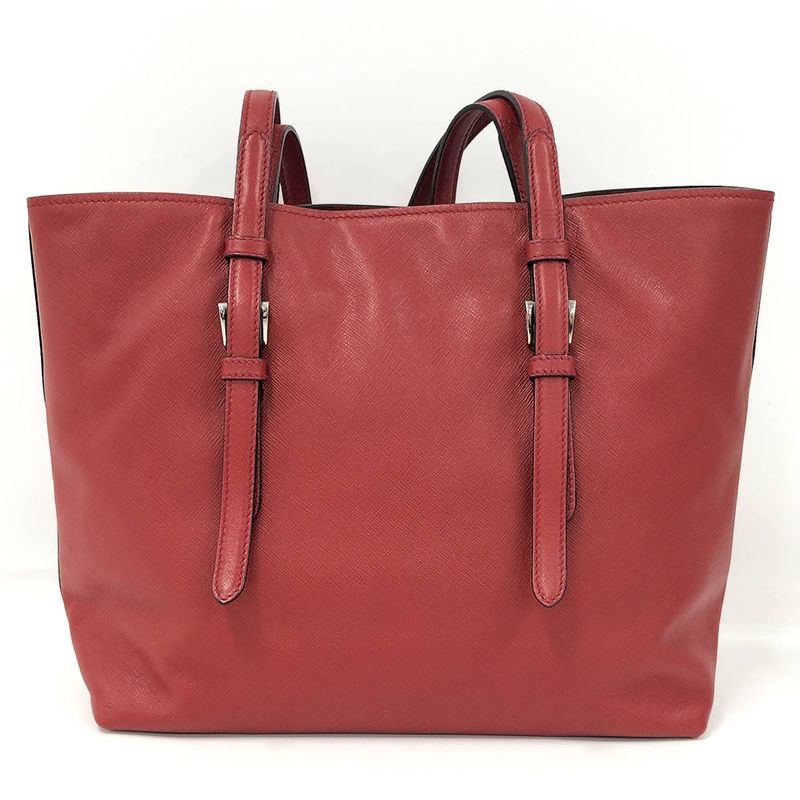 Prada Tote Bag Logo Plate Leather Red