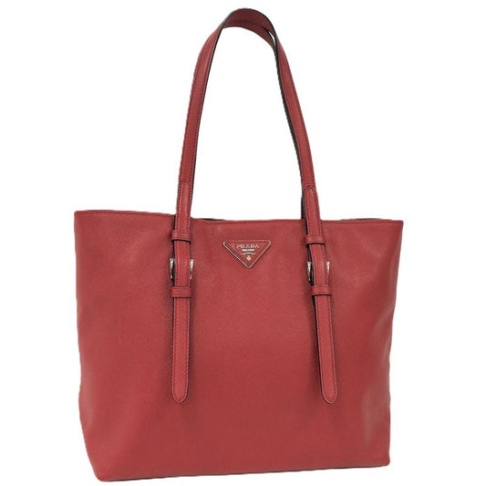 Prada Tote Bag Logo Plate Leather Red