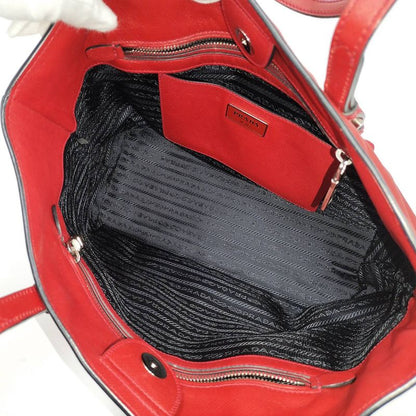 Prada Tote Bag Logo Plate Leather Red