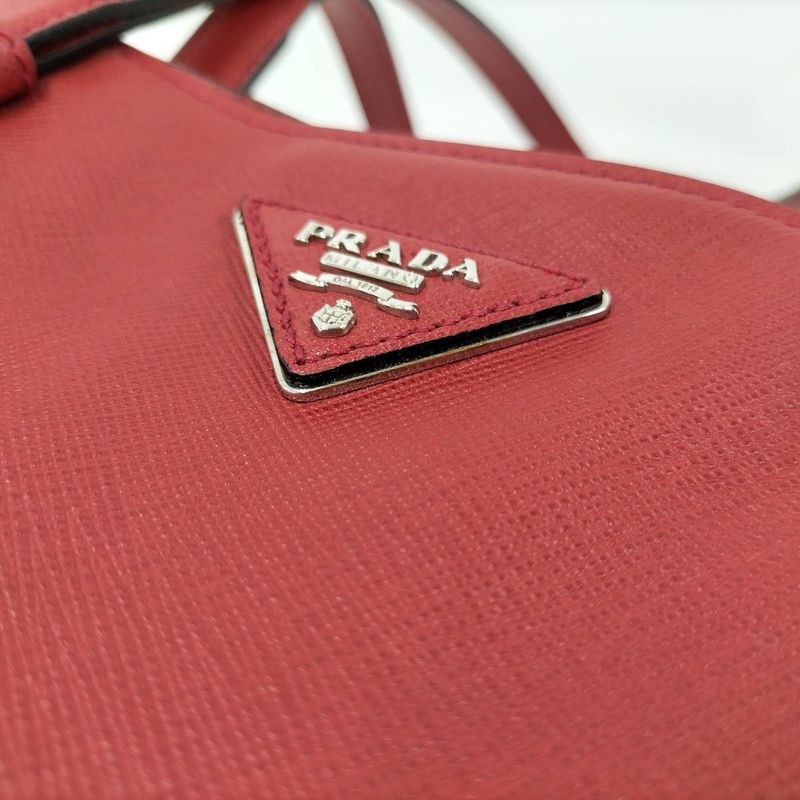 Prada Tote Bag Logo Plate Leather Red