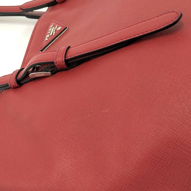 Prada Tote Bag Logo Plate Leather Red