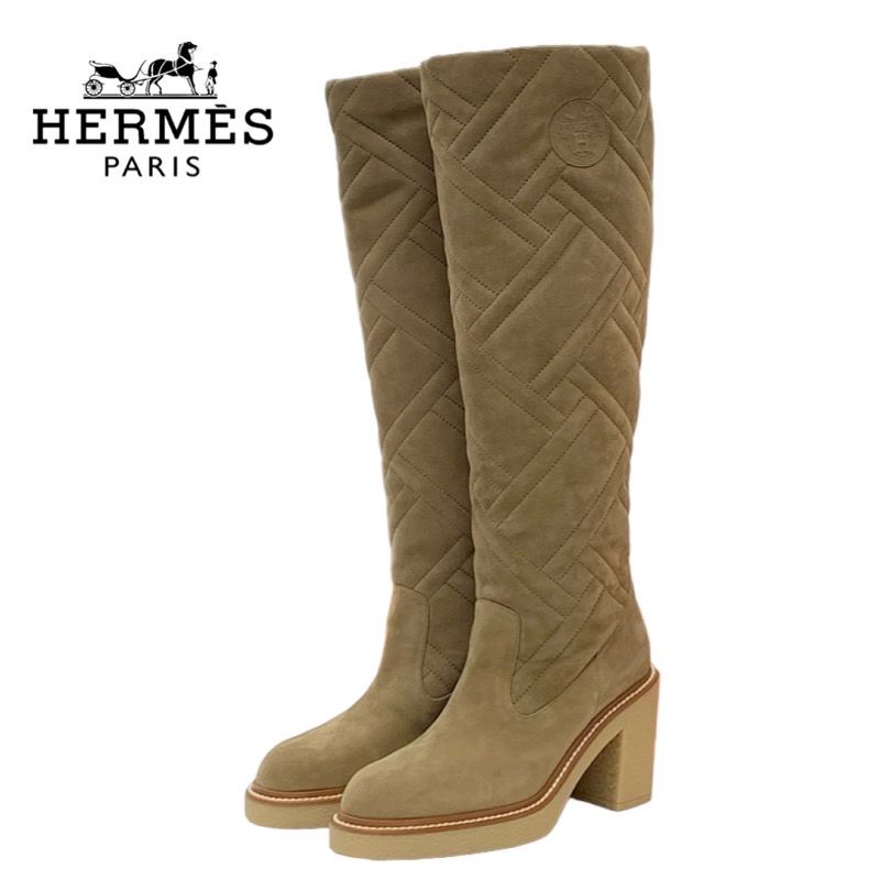 Hermes Fjord Boots Long Boots Shoes Suede Beige Quilted Exlibris