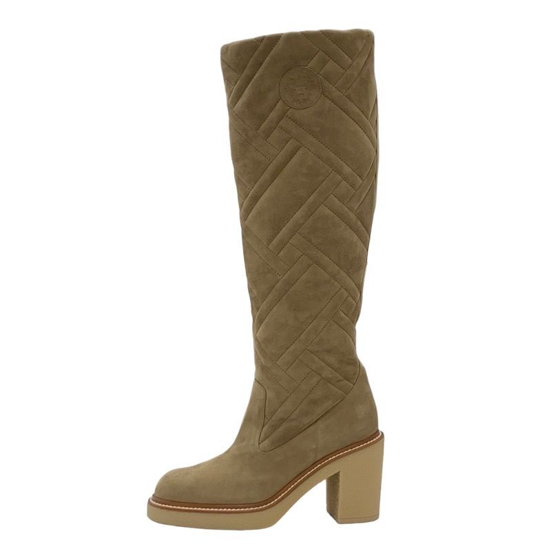 Hermes Fjord Boots Long Boots Shoes Suede Beige Quilted Exlibris
