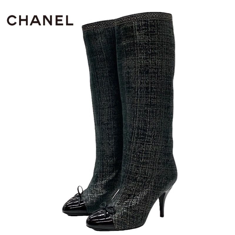 Chanel Boots Long Boots Here Mark Ribbon Chain Fabric Black