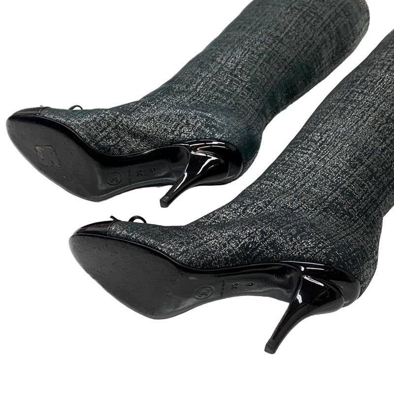 Chanel Boots Long Boots Here Mark Ribbon Chain Fabric Black