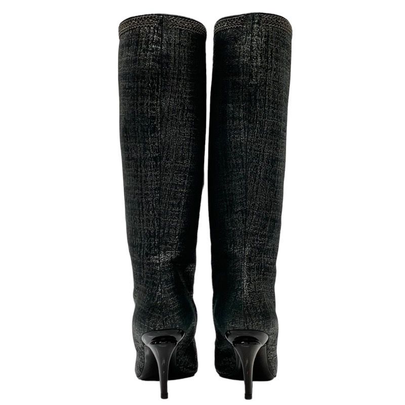 Chanel Boots Long Boots Here Mark Ribbon Chain Fabric Black