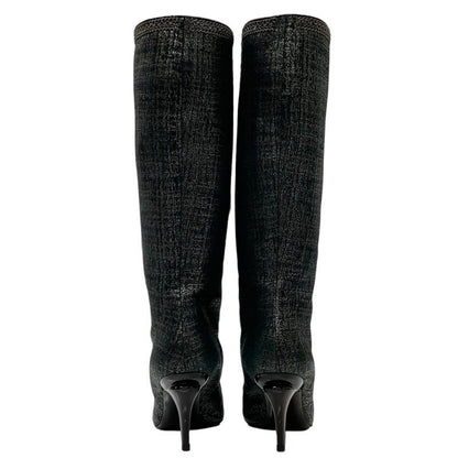 Chanel Boots Long Boots Here Mark Ribbon Chain Fabric Black