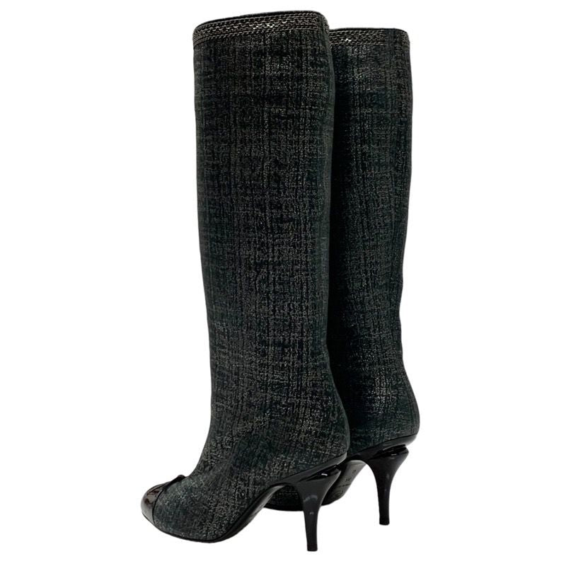 Chanel Boots Long Boots Here Mark Ribbon Chain Fabric Black