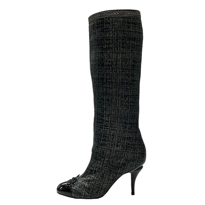 Chanel Boots Long Boots Here Mark Ribbon Chain Fabric Black