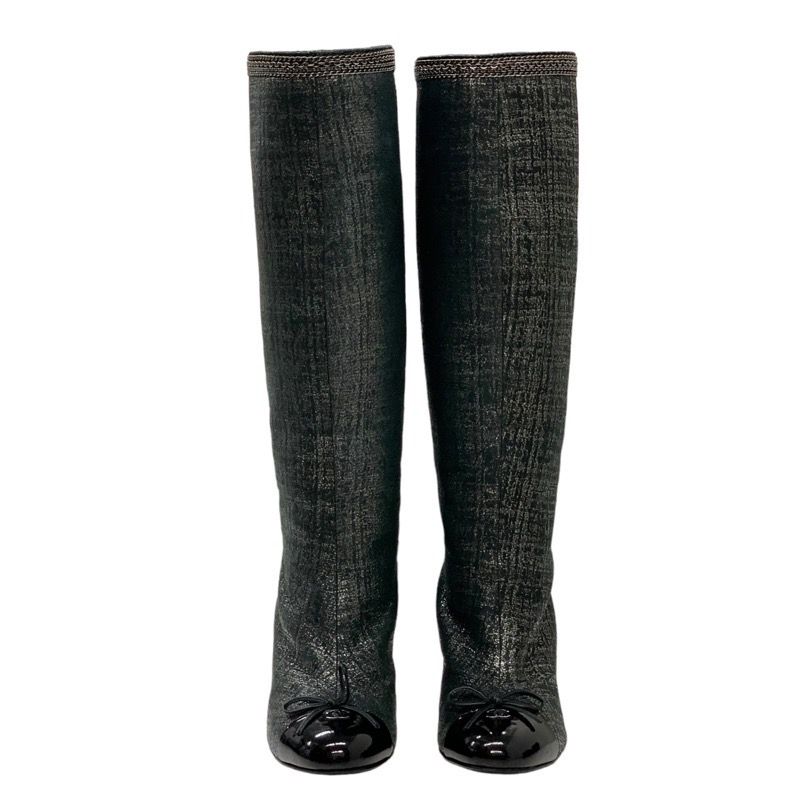 Chanel Boots Long Boots Here Mark Ribbon Chain Fabric Black