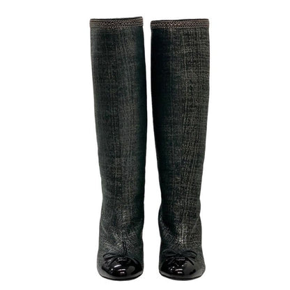 Chanel Boots Long Boots Here Mark Ribbon Chain Fabric Black