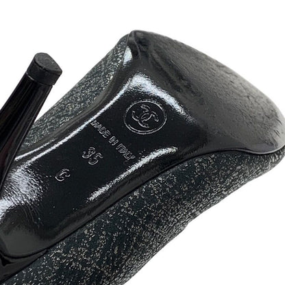 Chanel Boots Long Boots Here Mark Ribbon Chain Fabric Black