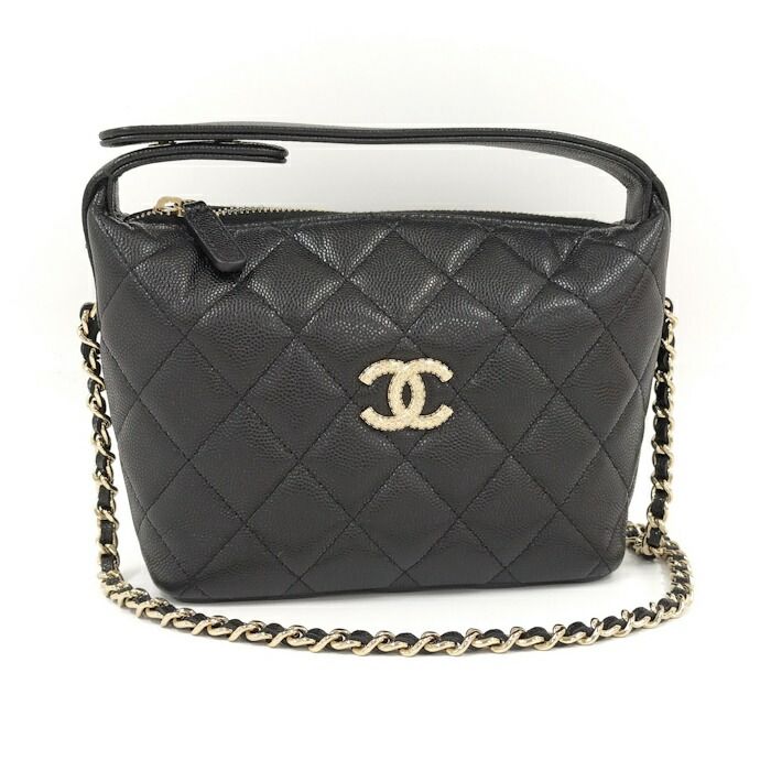 Chanel 2way Shoulder Bag Coco Mark Caviar Skin Leather Black