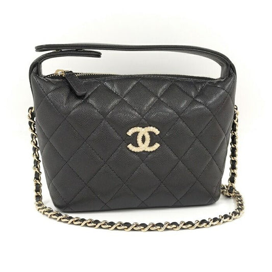 Chanel 2way Shoulder Bag Coco Mark Caviar Skin Leather Black