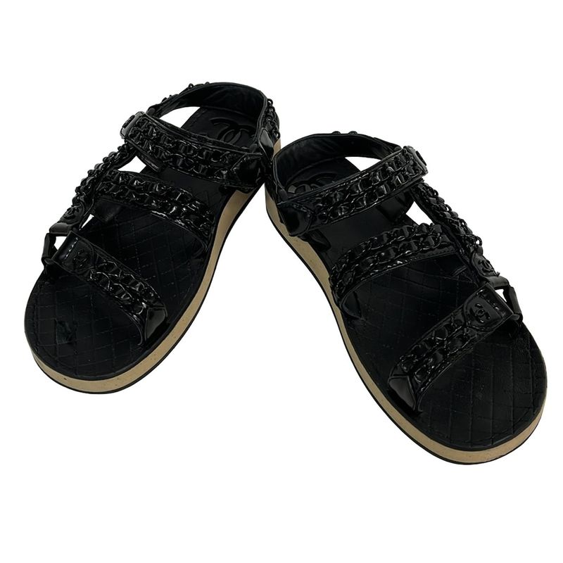 Chanel Sandals 37 C Women's - G33800 Black Here Mark Chain Leather