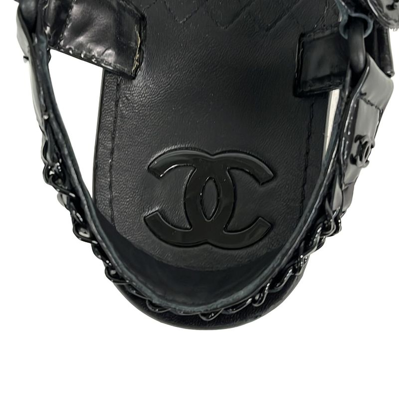 Chanel Sandals 37 C Women's - G33800 Black Here Mark Chain Leather