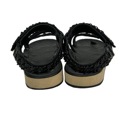 Chanel Sandals 37 C Women's - G33800 Black Here Mark Chain Leather