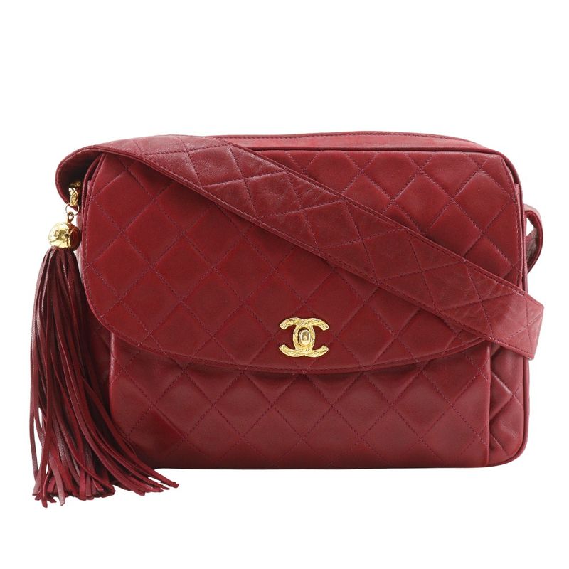 Chanel Matelasse Coco Mark Fringe Vintage Lambskin Red Women's Shoulder Bag