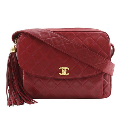 Chanel Matelasse Coco Mark Fringe Vintage Lambskin Red Women's Shoulder Bag