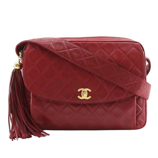 Chanel Matelasse Coco Mark Fringe Vintage Lambskin Red Women's Shoulder Bag