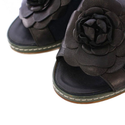 Chanel Camellia Sandals Round Toe Wedge Sole Canvas Leather Decoration Bicolor