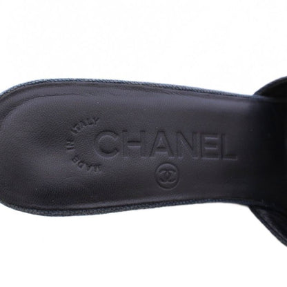 Chanel Camellia Sandals Round Toe Wedge Sole Canvas Leather Decoration Bicolor