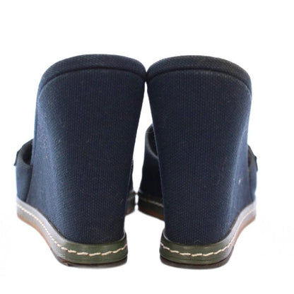 Chanel Camellia Sandals Round Toe Wedge Sole Canvas Leather Decoration Bicolor