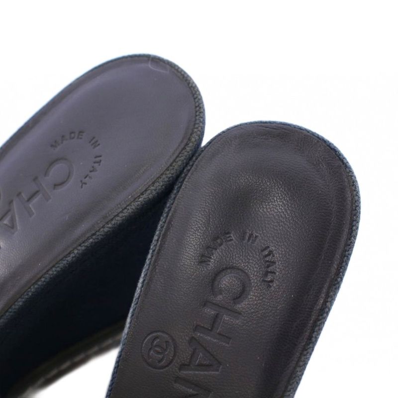 Chanel Camellia Sandals Round Toe Wedge Sole Canvas Leather Decoration Bicolor