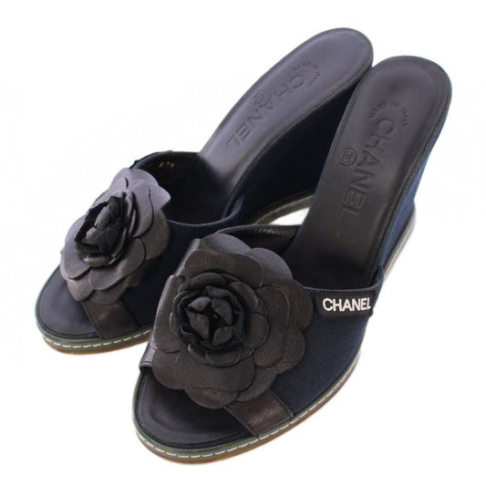 Chanel Camellia Sandals Round Toe Wedge Sole Canvas Leather Decoration Bicolor