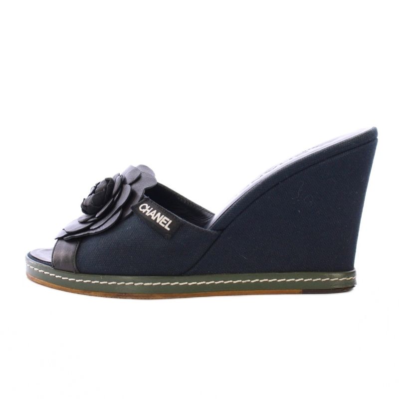 Chanel Camellia Sandals Round Toe Wedge Sole Canvas Leather Decoration Bicolor