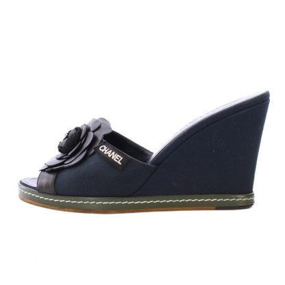Chanel Camellia Sandals Round Toe Wedge Sole Canvas Leather Decoration Bicolor
