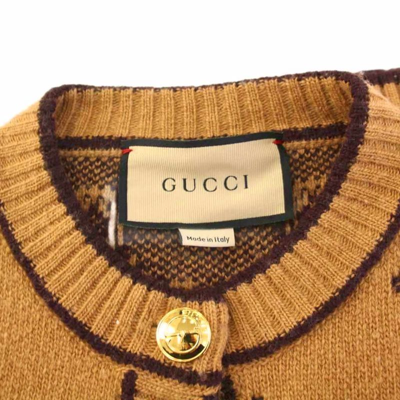 Gucci GG Wool Boo Cles Jacquard Cardigan Knit Long Sleeve S Brown 713300 KH