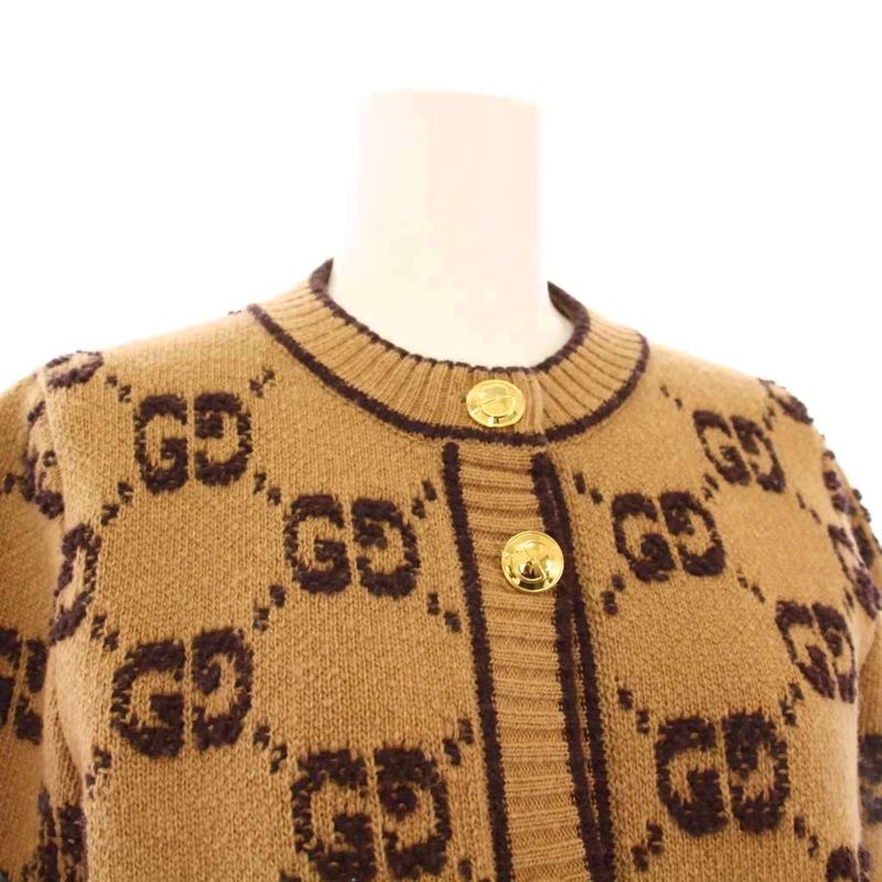 Gucci GG Wool Boo Cles Jacquard Cardigan Knit Long Sleeve S Brown 713300 KH