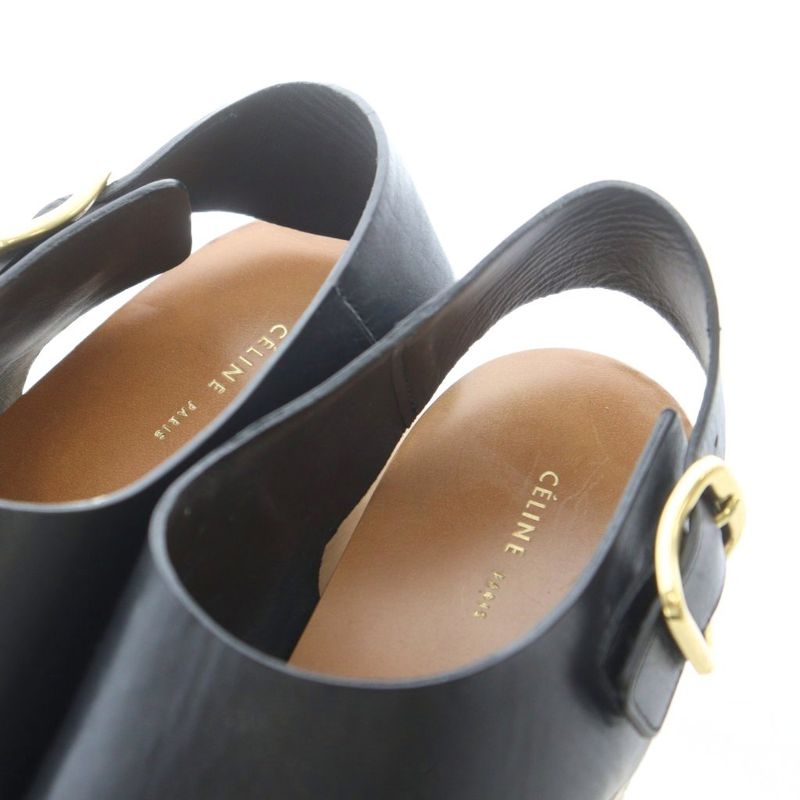 Celine Wood Sole Sandals 38 24cm (9.45in) Black Strap Thick Sole Ri • OS