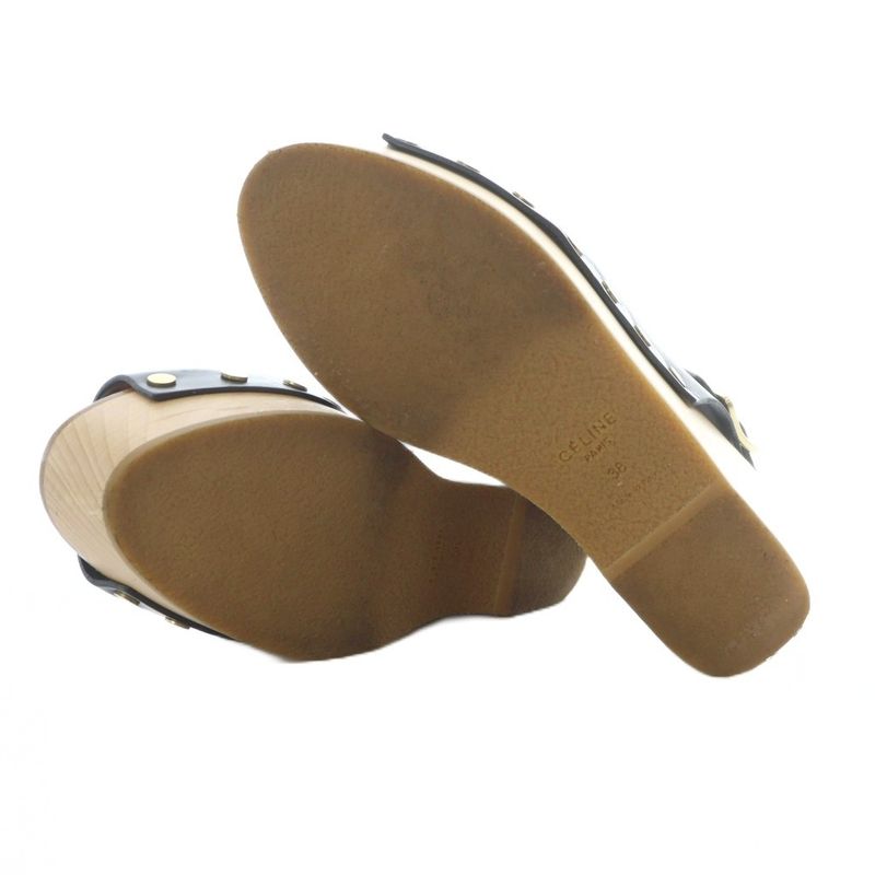 Celine Wood Sole Sandals 38 24cm (9.45in) Black Strap Thick Sole Ri • OS