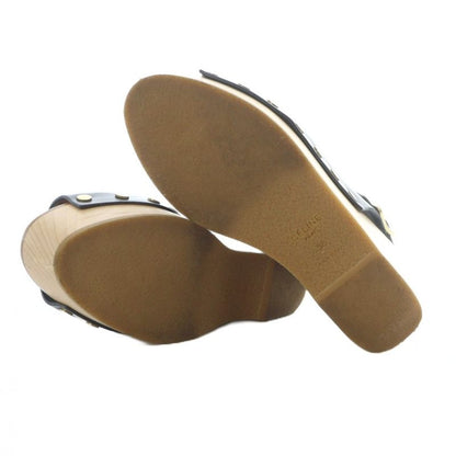 Celine Wood Sole Sandals 38 24cm (9.45in) Black Strap Thick Sole Ri • OS