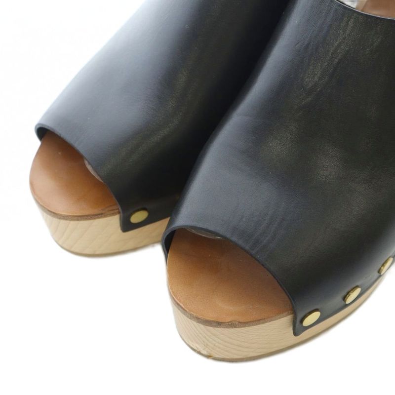 Celine Wood Sole Sandals 38 24cm (9.45in) Black Strap Thick Sole Ri • OS