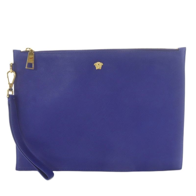 Versace Clutch Bag Second Bag Medusa Logo Leather Blue Yo23 • Sh