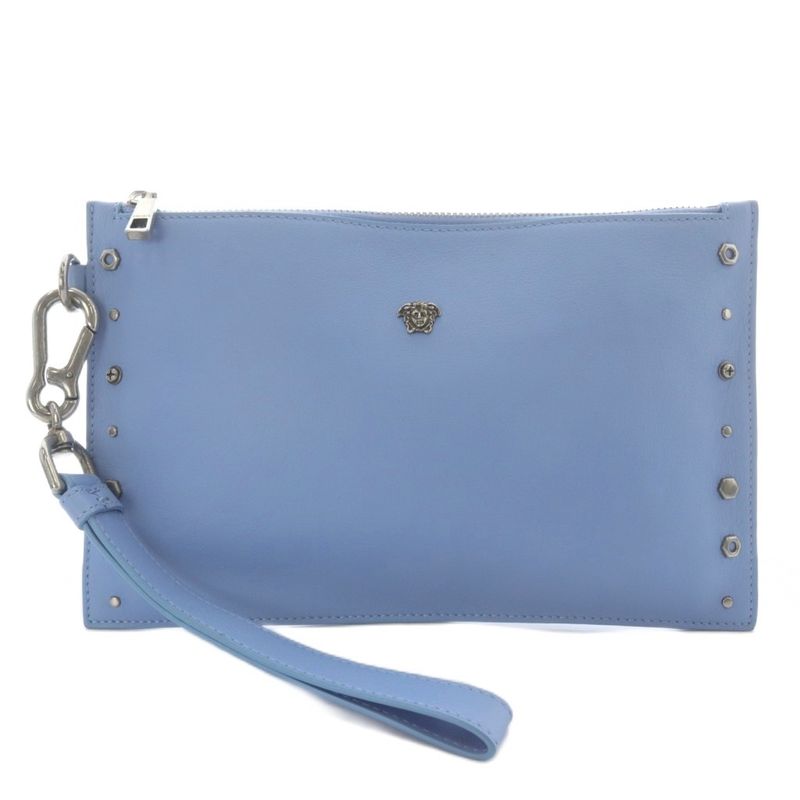 Versace Medusa Studs Wristlet Pouch Clutch Bag Second Bag Leather Blue Yo25 • Sh