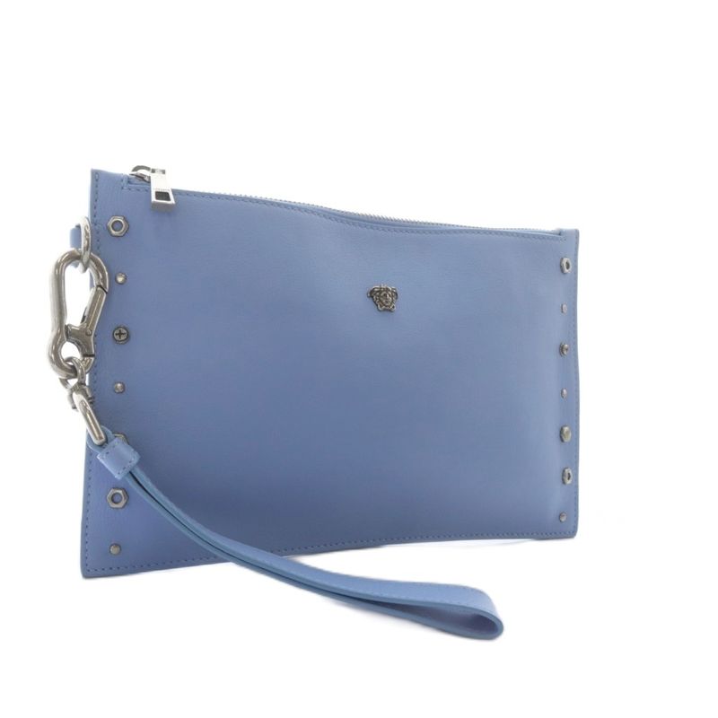 Versace Medusa Studs Wristlet Pouch Clutch Bag Second Bag Leather Blue Yo25 • Sh