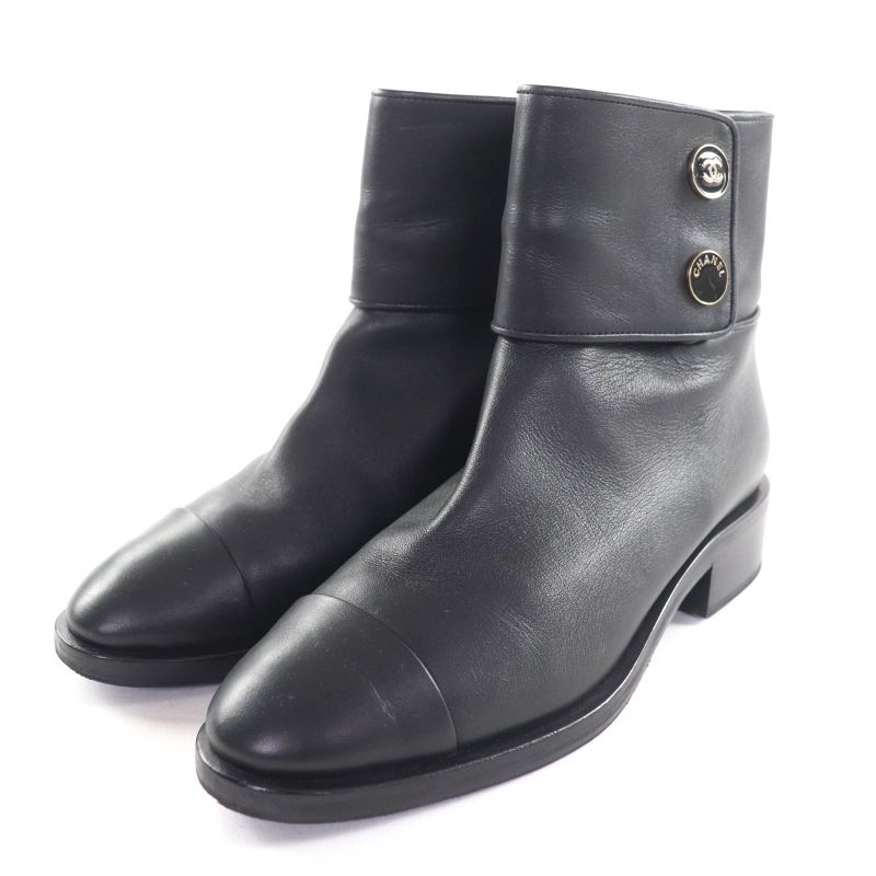 Chanel G39566 Coco Mark Leather Short Boots With Logo Button Black 38.5 Made In