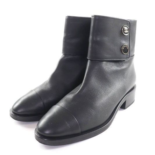 Chanel G39566 Coco Mark Leather Short Boots With Logo Button Black 38.5 Made In