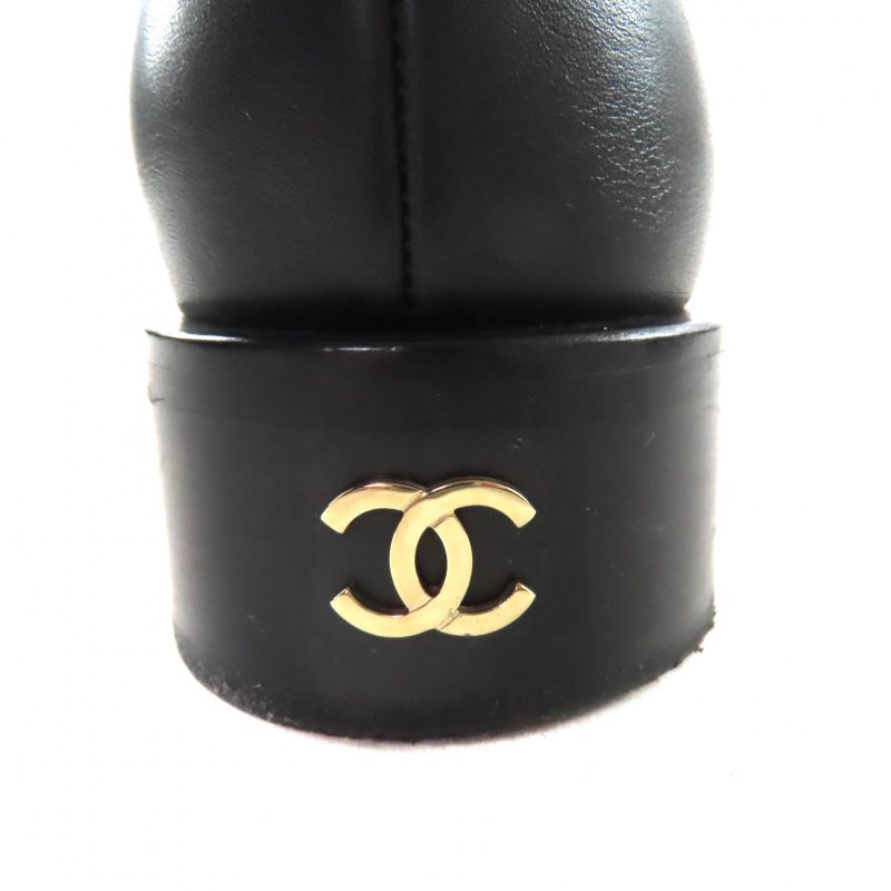 Chanel G39566 Coco Mark Leather Short Boots With Logo Button Black 38.5 Made In
