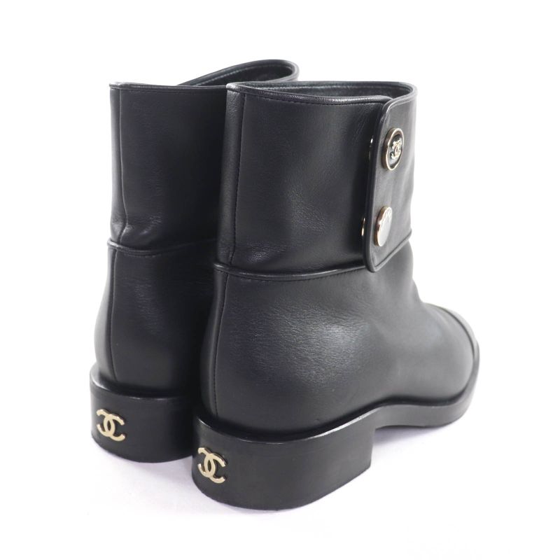 Chanel G39566 Coco Mark Leather Short Boots With Logo Button Black 38.5 Made In