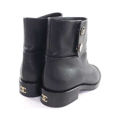 Chanel G39566 Coco Mark Leather Short Boots With Logo Button Black 38.5 Made In